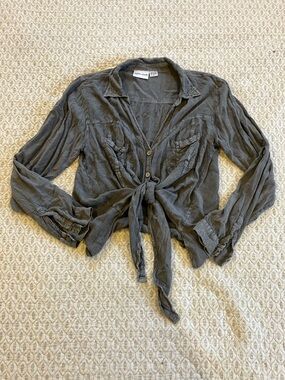 Raya Sun Linen/Cotton Gray Tie-Front Button Shirt
